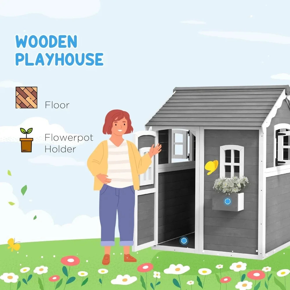 Wooden Playhouse w/ Floor, Door, Windows, Planter Box