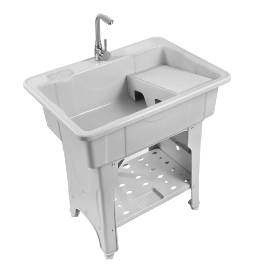 Utility Sink Laundry Tub for Laundry Room, Freestanding Plastic Laundry Sink w/Washboard, Portable Wash Bowl Basin w/Cold&Hot