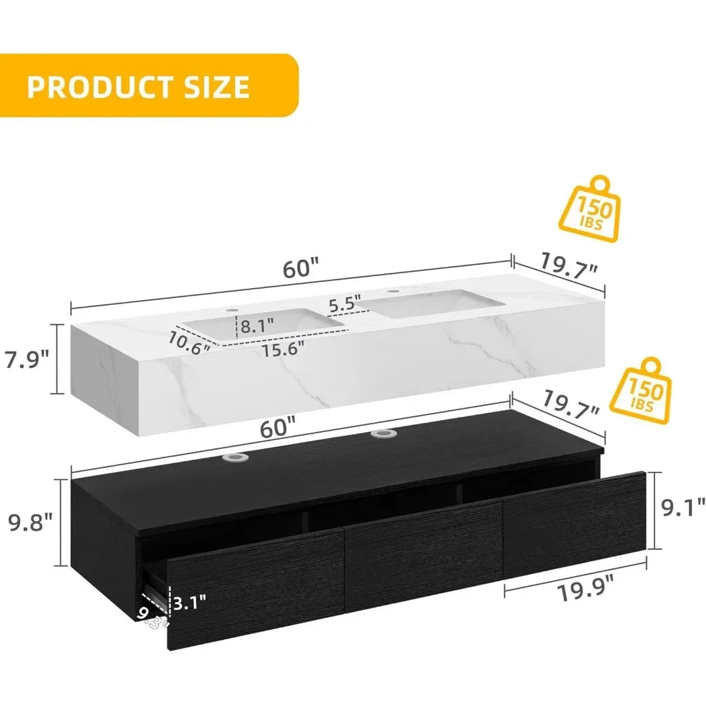 60 Inch Floating Vanity Bathroom with 3 Drawers