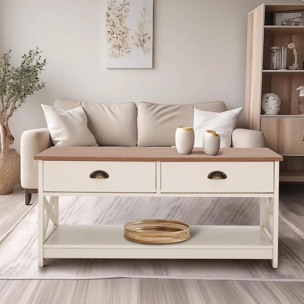 Coffee Table for Living Room - Farmhouse Modern Coffee Tables with Storage, Ivory White Coffee Table