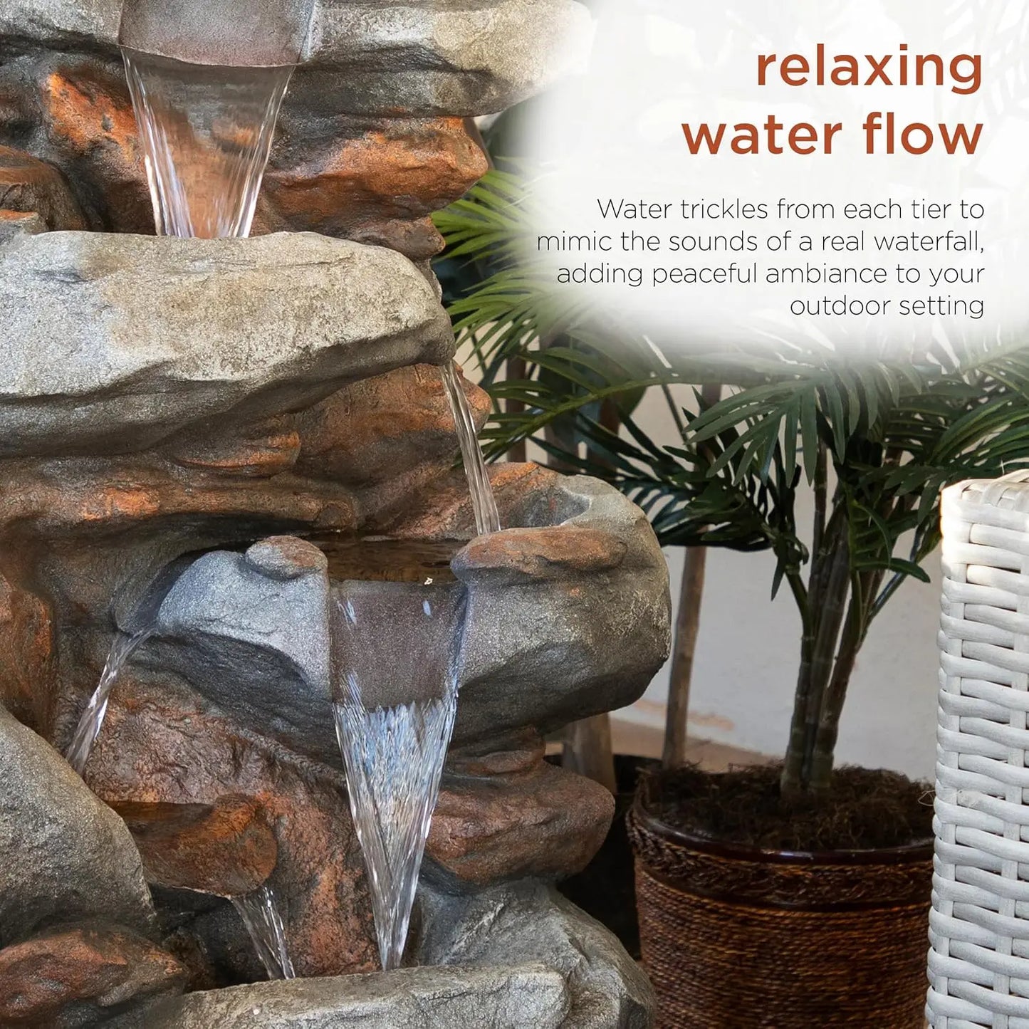 4-Tiered Outdoor Floor Rock Water Fountain for Garden or Patio with Natural Stone Look, Light Gray