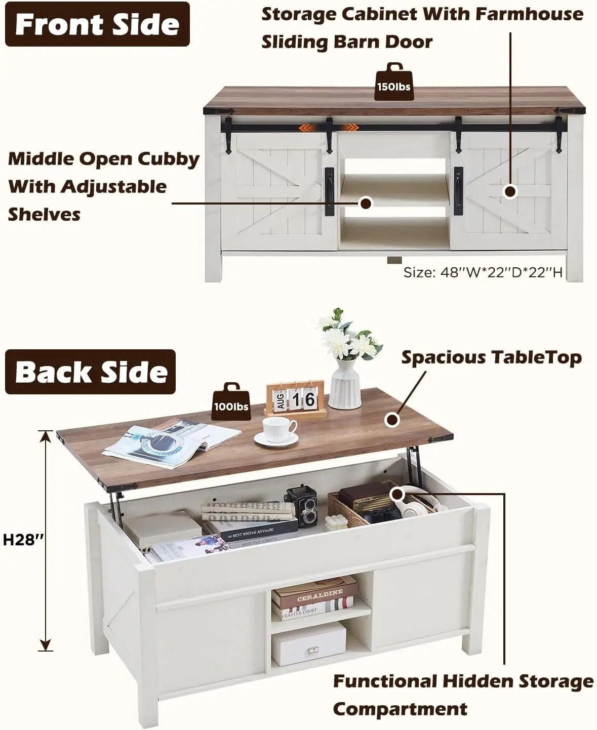 Rustic Center Table With Compartment Lifting Tabletop