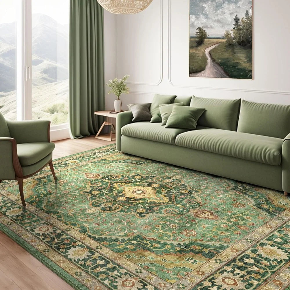 Green Area Rug  Non-Slip Distressed