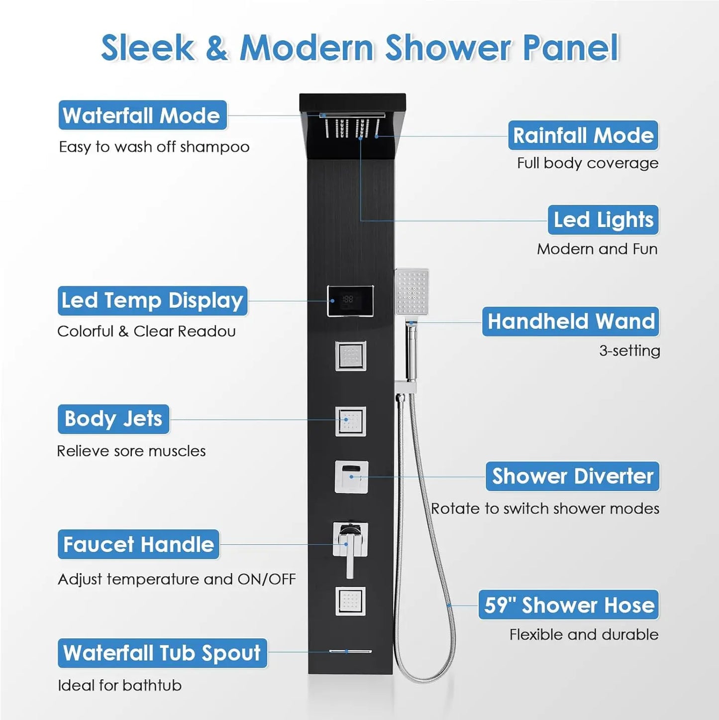 Shower Panel Tower System with LED Lights