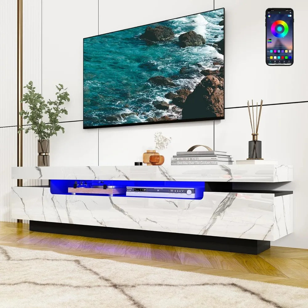 70IN White TV Stand for 75/80 inch TV,Modern LED TV Stand for Living Room,High Gloss Entertainment Center with Storage