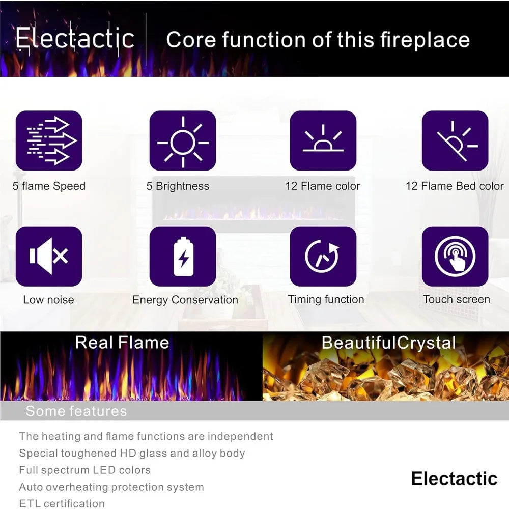 60 Inches Electric Fireplace Recessed and Wall Mounted