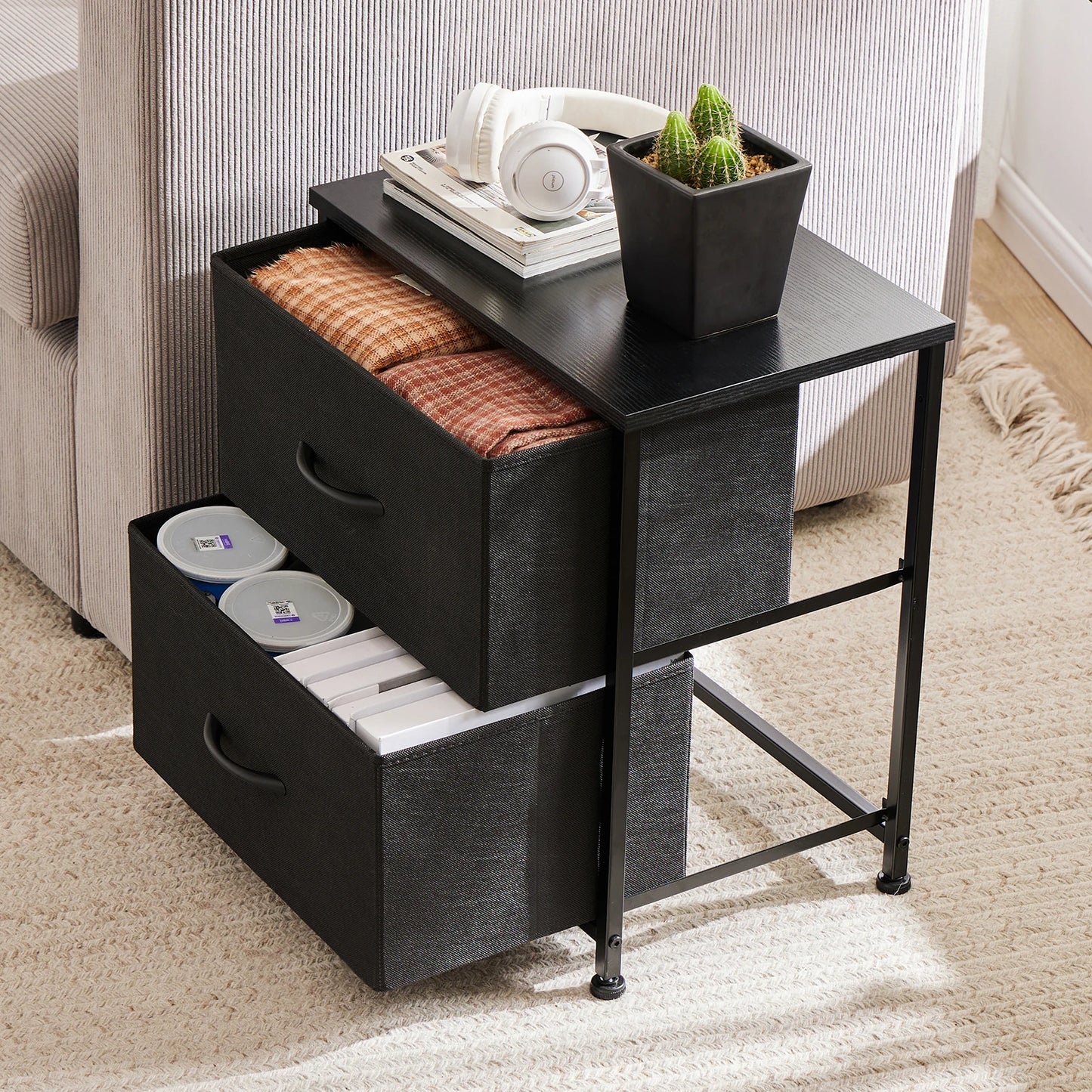 Nightstand For Bedroom With 2 Fabric Drawers Bedside Sofa Table With Storage Closet Chest Clothes Display Cabinet Furniture