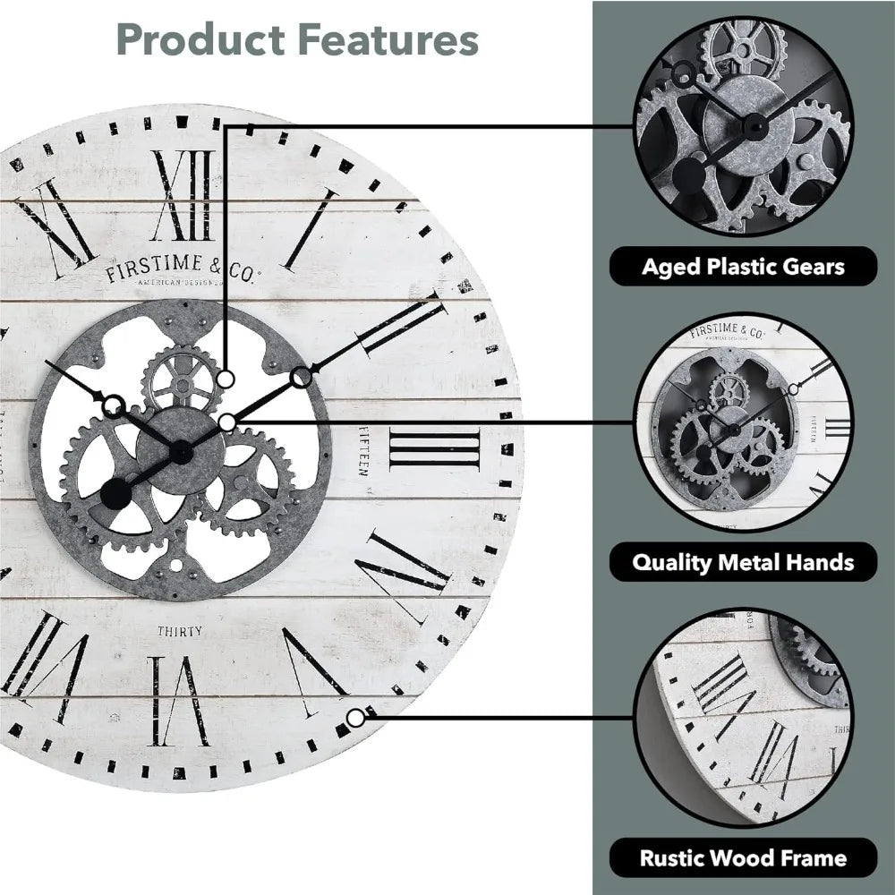 White Shiplap Gears Wall Clock