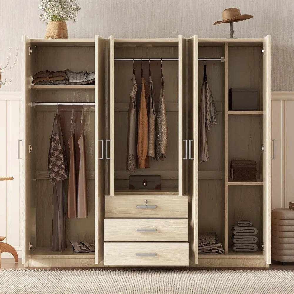 Large Wardrobe Closet 6 Doors, 70.9" W Wooden Wardrobe Cabinet with Big Drawers, Bedroom Armoire Dresser Wardrobe Clothes