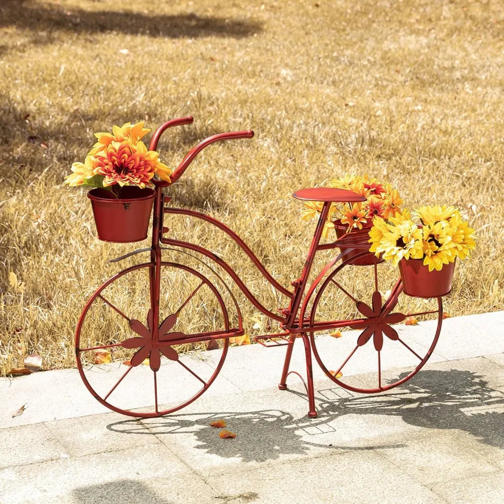 Bicycle Plant Stand Metal Standing Planter Hand Painted Flower Holder Indoor Outdoor Home Garden Patio Decor Red