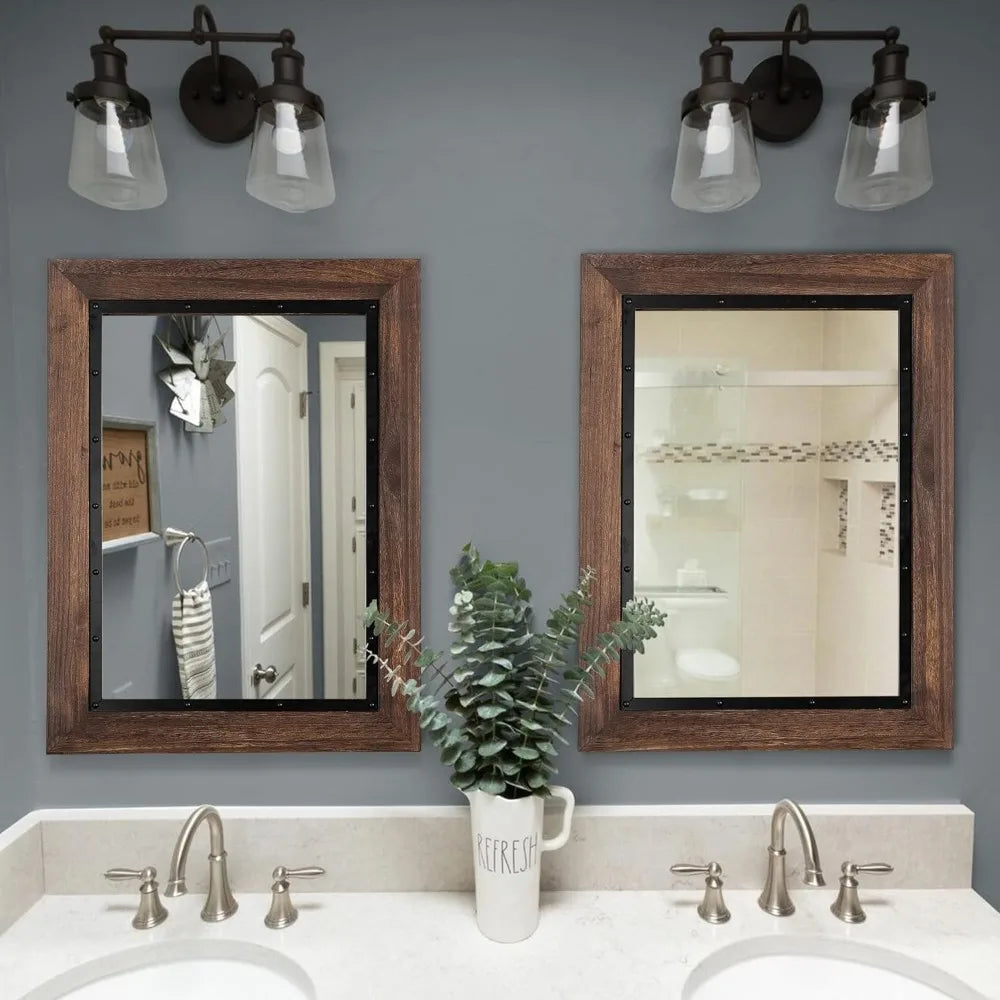 Natural Wood and Iron Bathroom Vanity Mirror