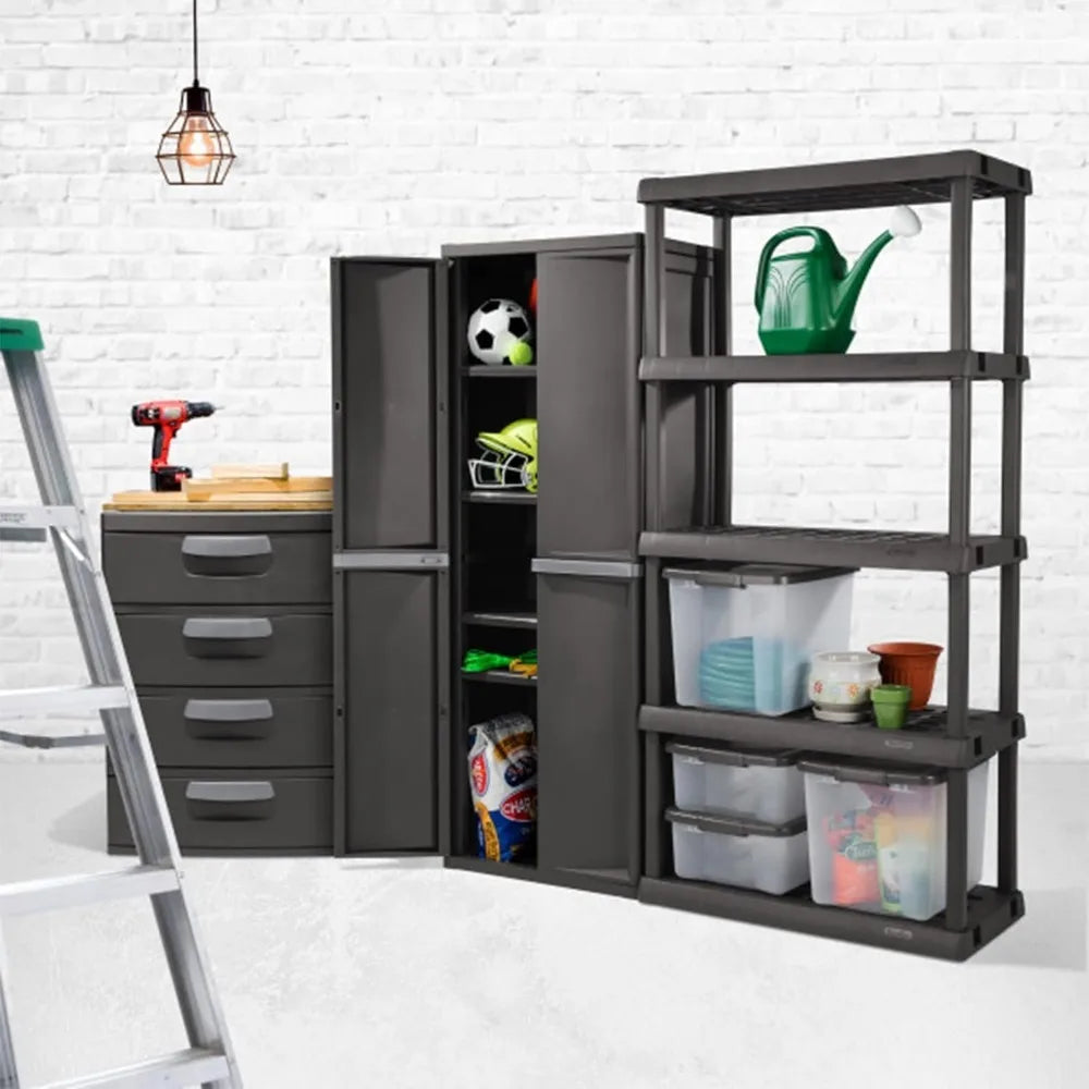 4 Shelf Cabinet, Plastic Organization Storage Unit, Organize Bins in the Garage, Basement, Attic, Mudroom