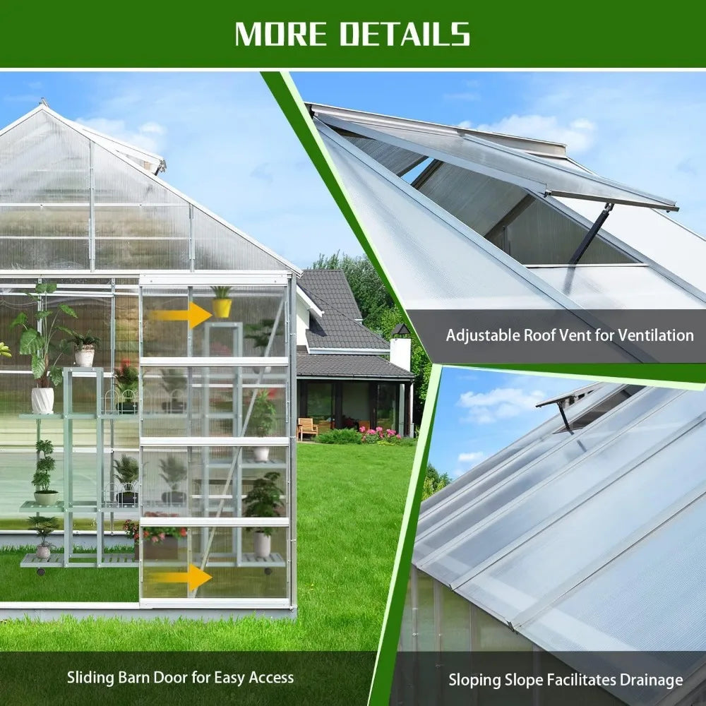 Greenhouse with Adjustable Roof Vent, Sliding Door