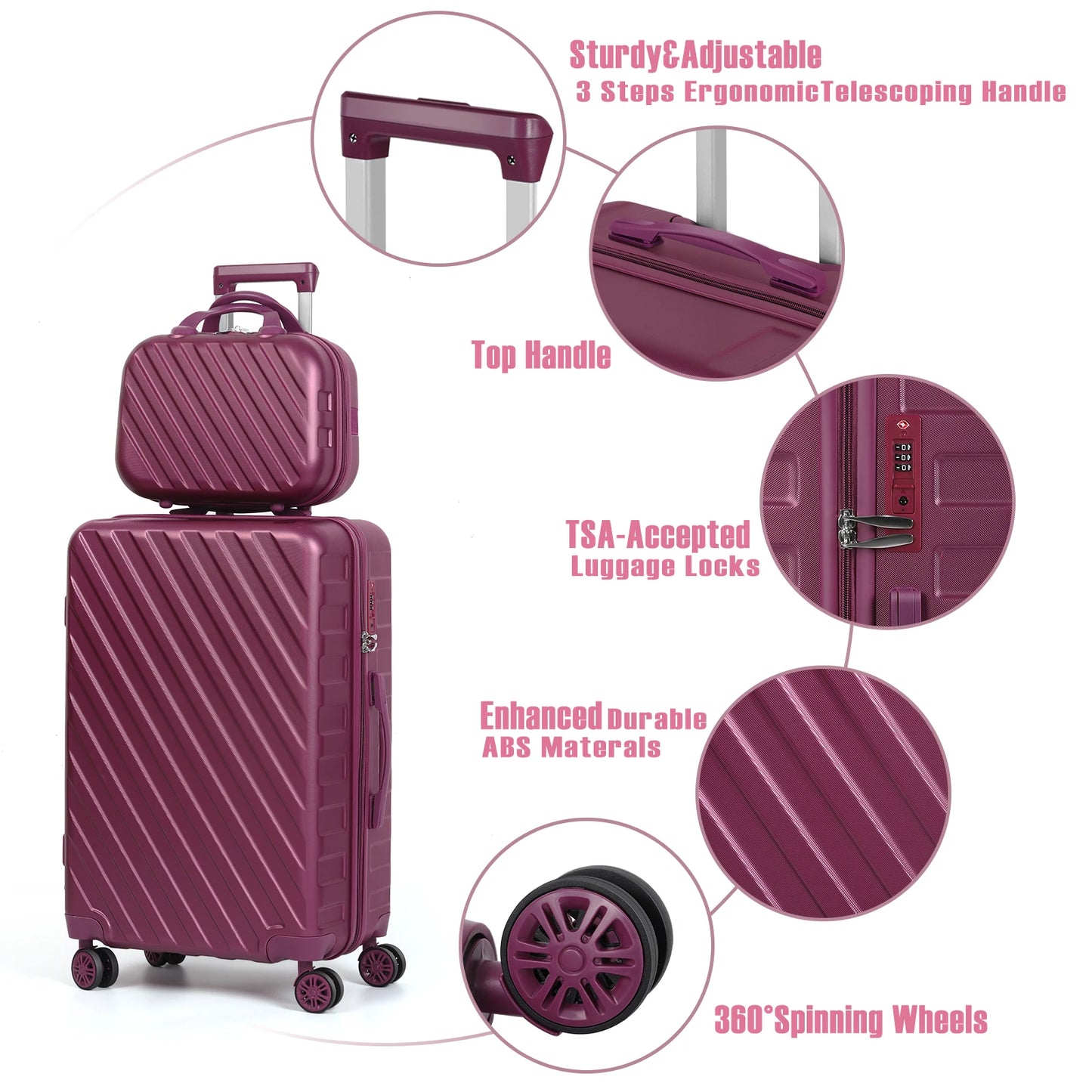 5PCS Luggage Set with Spinner Wheel ABS+PC Suitcase Set Silent Spinner Wheel Family  Travel Luggage Set