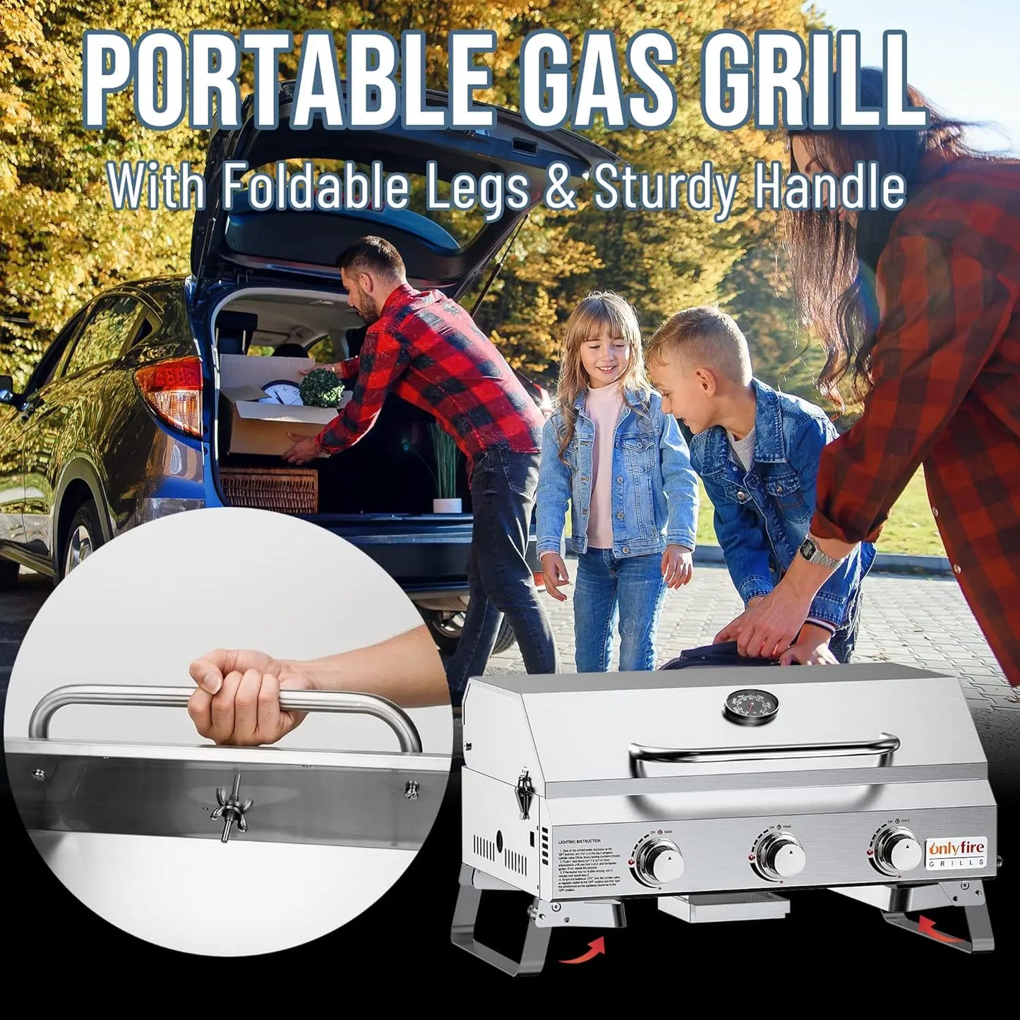 Tabletop Gas Grill 3 Burners w/Foldable Legs