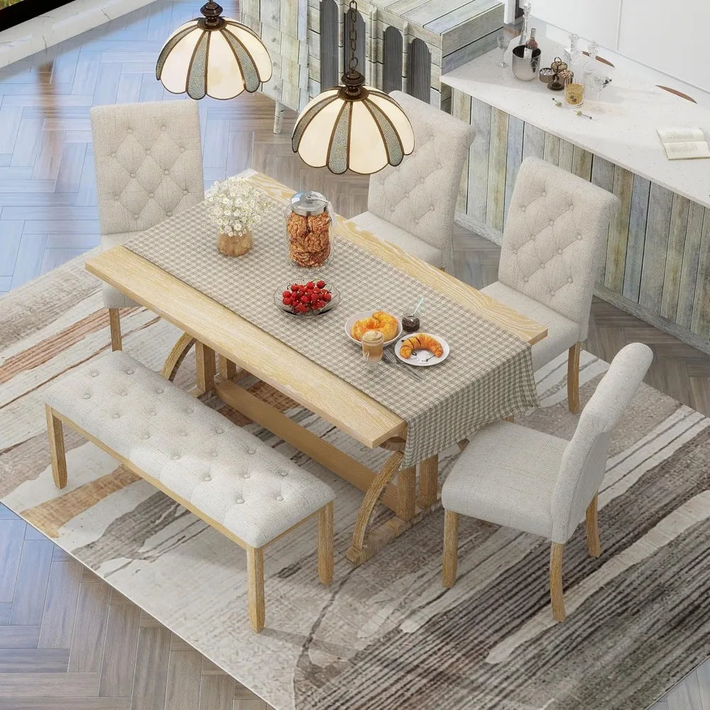 6 Pieces Wood Dining Table Set with Bench