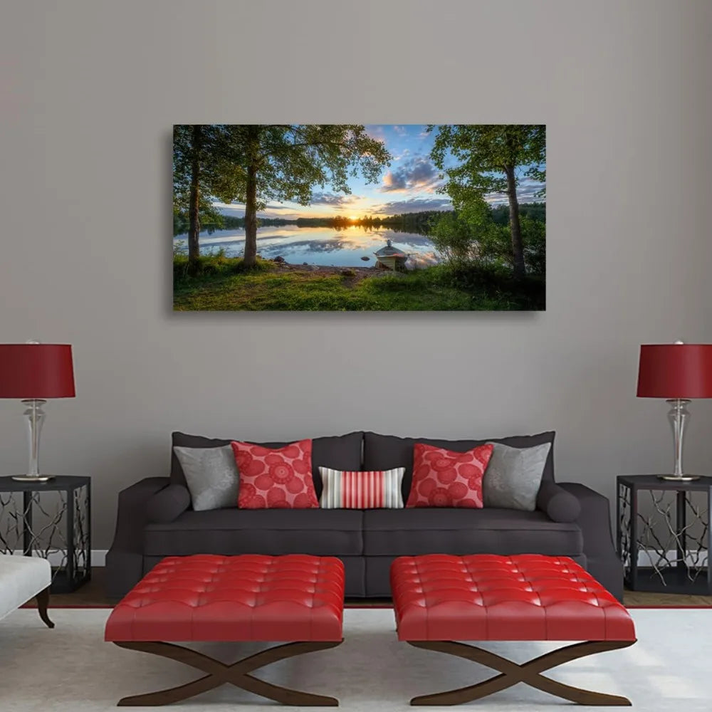 Tree Canvas Wall Art, Sunrise Over Lake