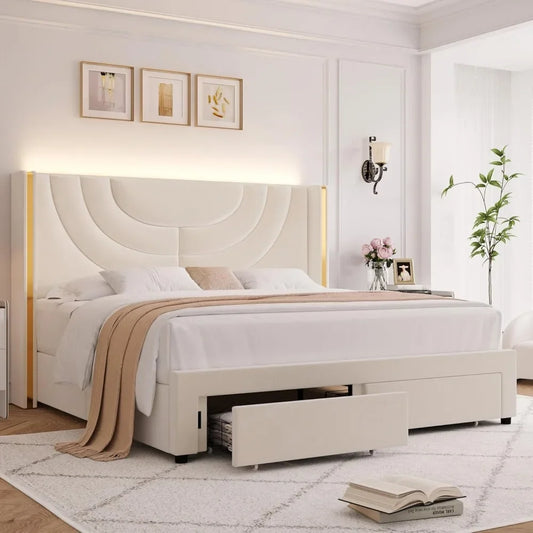 Upholstered LED Bed Frame w/2 Storage Drawers