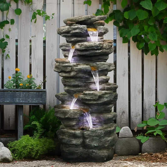 6-Tiers Cascading Rock Outdoor Water Fountain