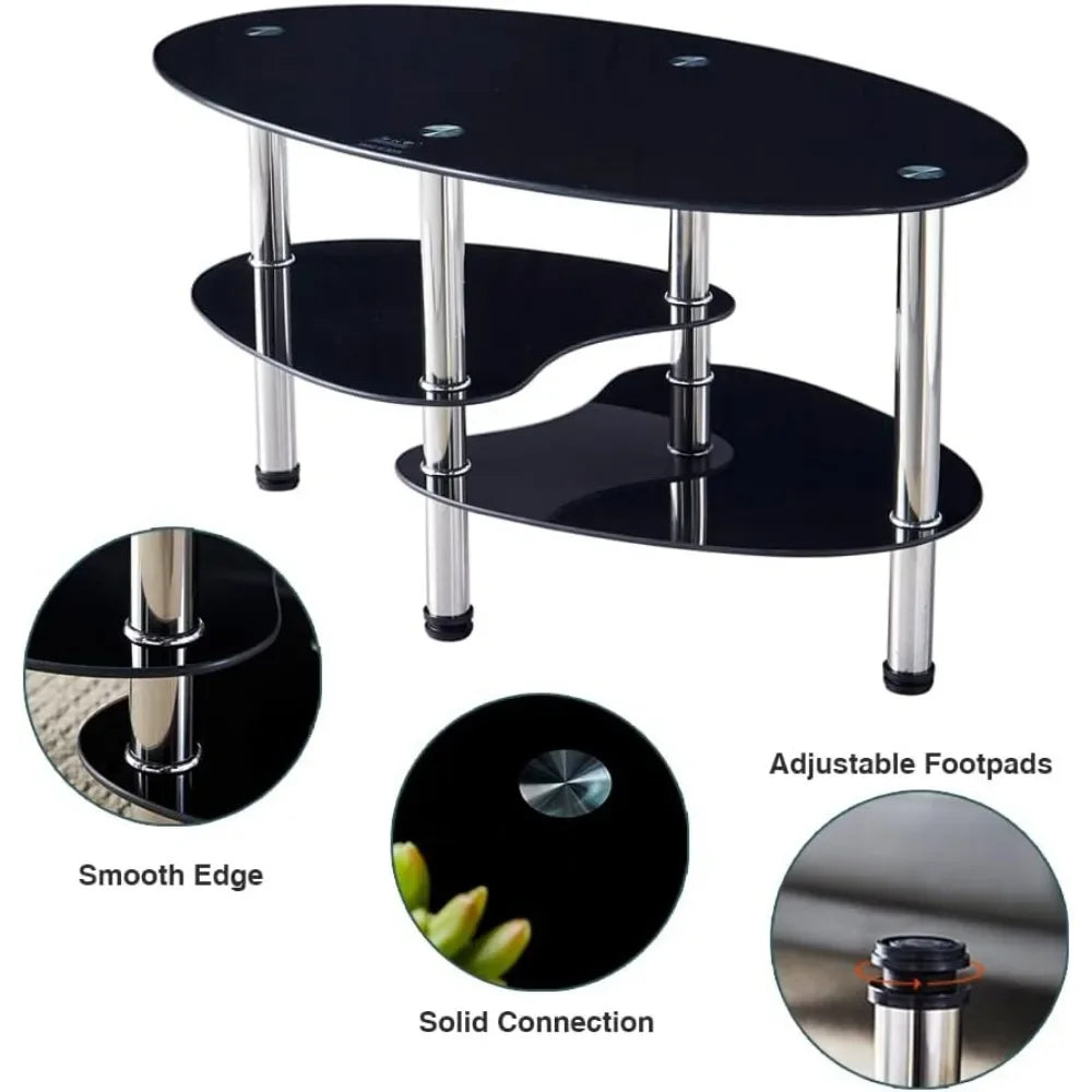 Oval-Shaped Glass Tea Table (Black)