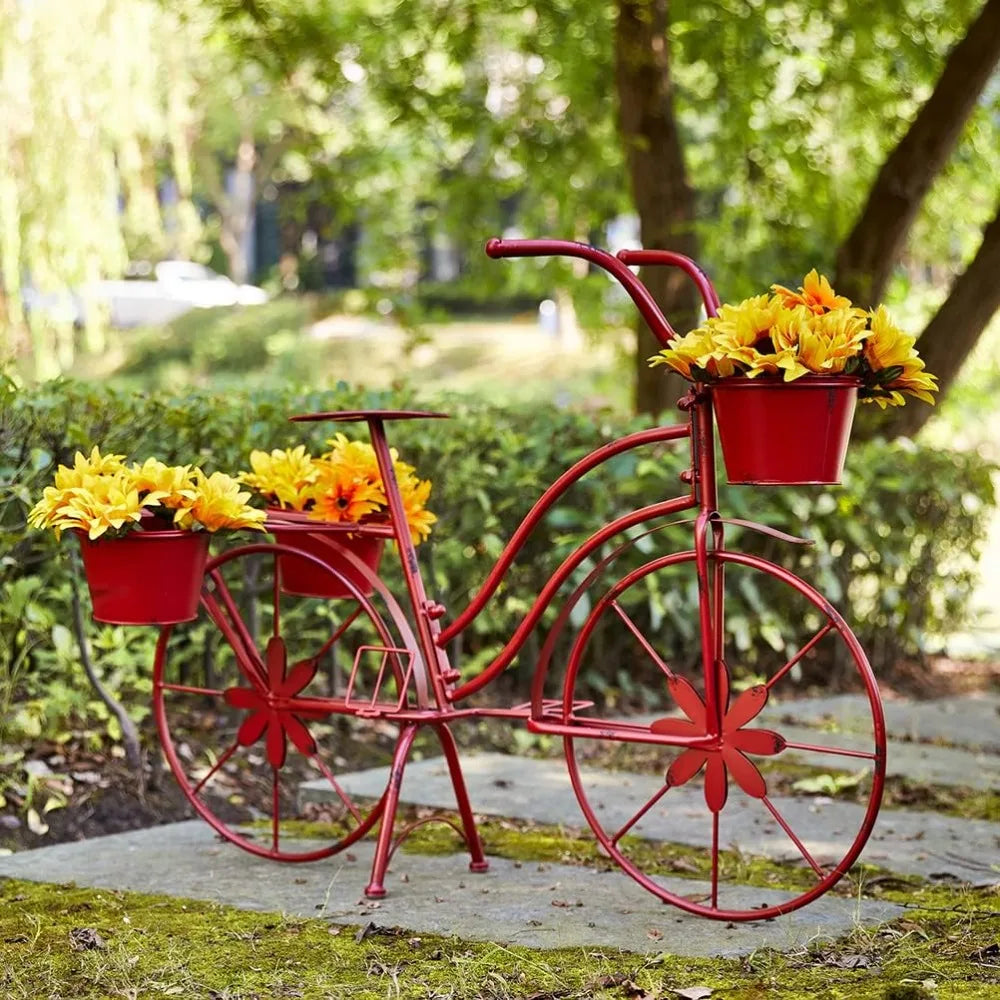 Bicycle Plant Stand Metal Standing Planter Hand Painted Flower Holder Indoor Outdoor Home Garden Patio Decor Red