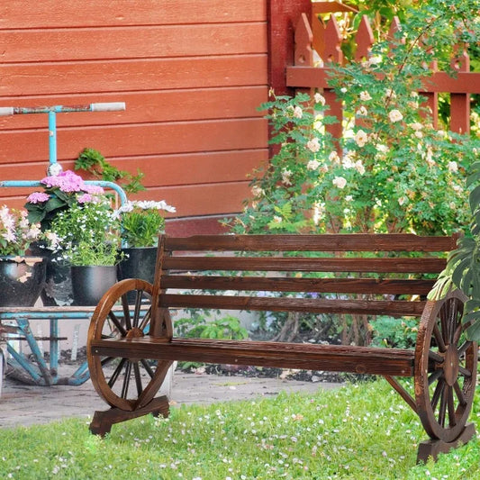 Rustic Wooden Bench W/Wagon Wheel Legs