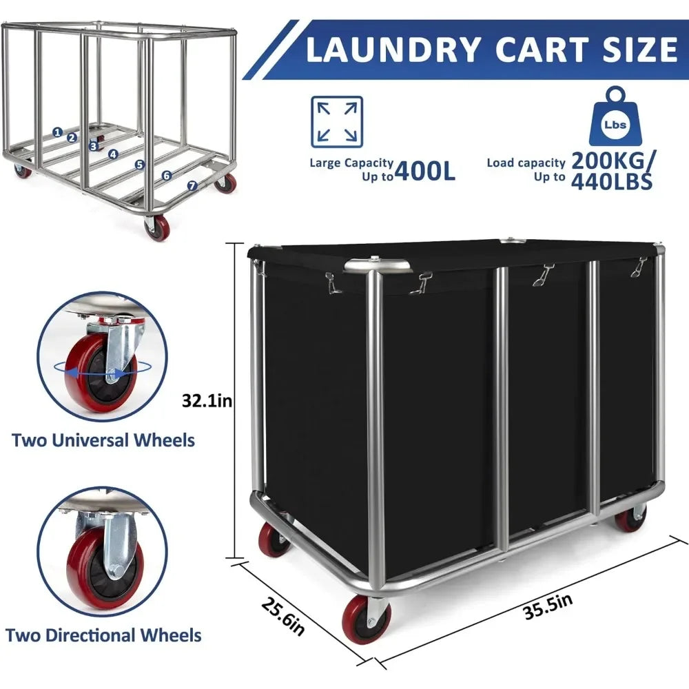 Industrial Laundry Cart 11.35 Bushel Capacity Stainless Steel Basket with Wheels. Commercial Linen Hamper Hotels Hospitals