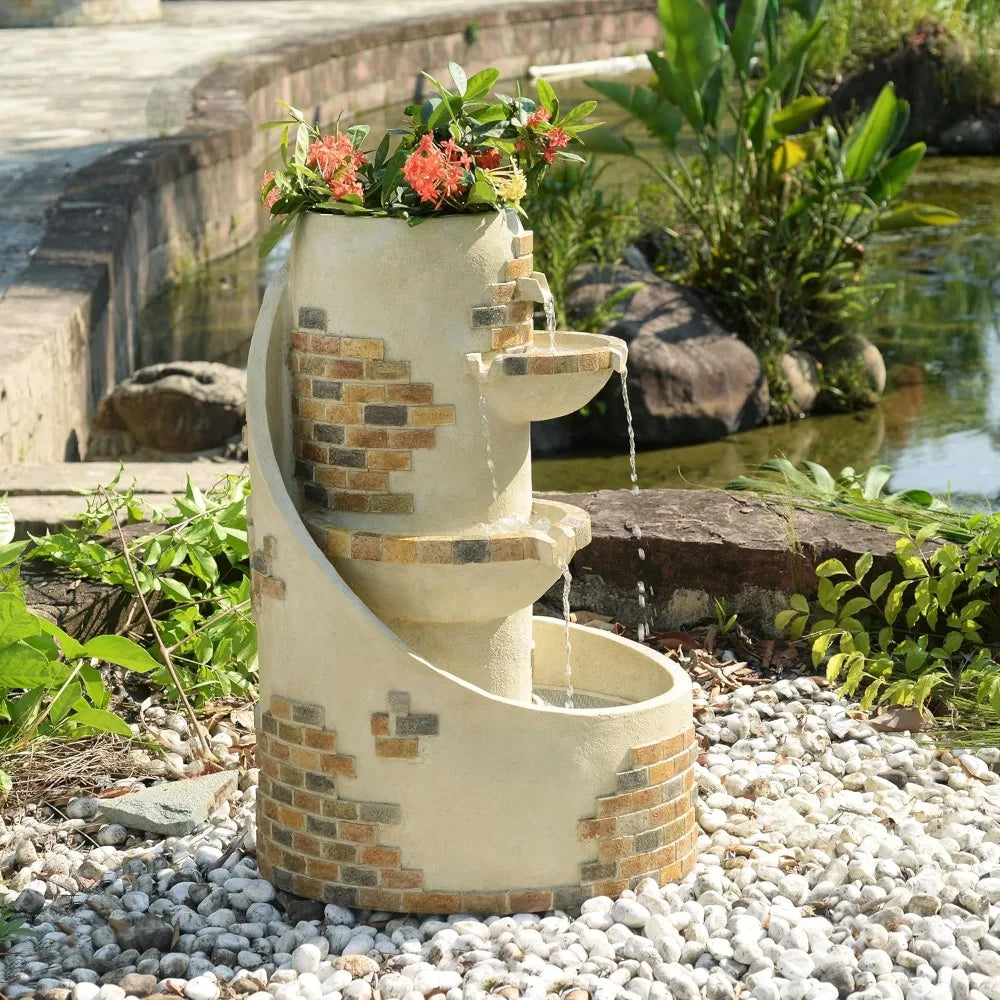 3-Tier Cascading Outdoor Water Fountains with Planter