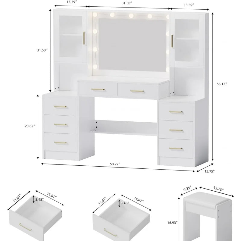 Large Desk Mirror, Makeup Vanity, 2 Cabinets