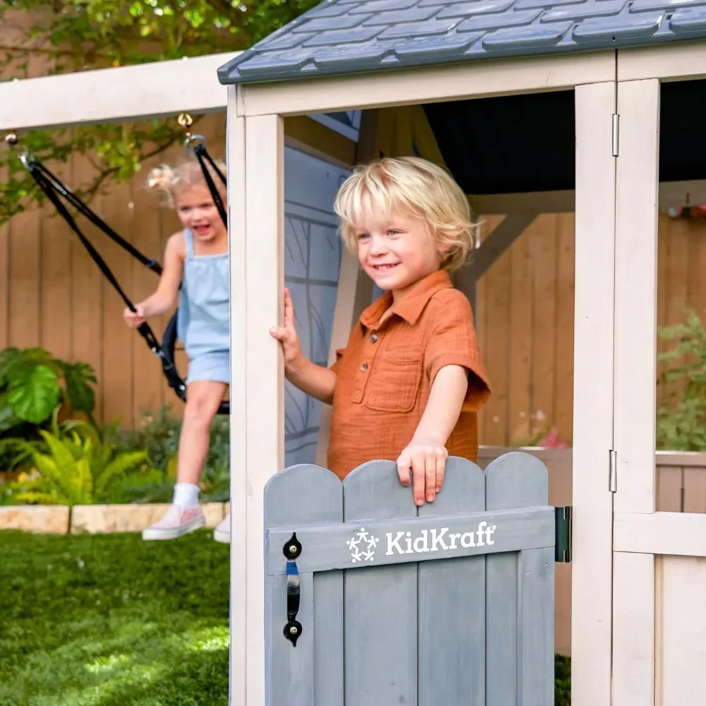 Outdoor Playhouse  with Swing, Kitchen, Garden, Backyard