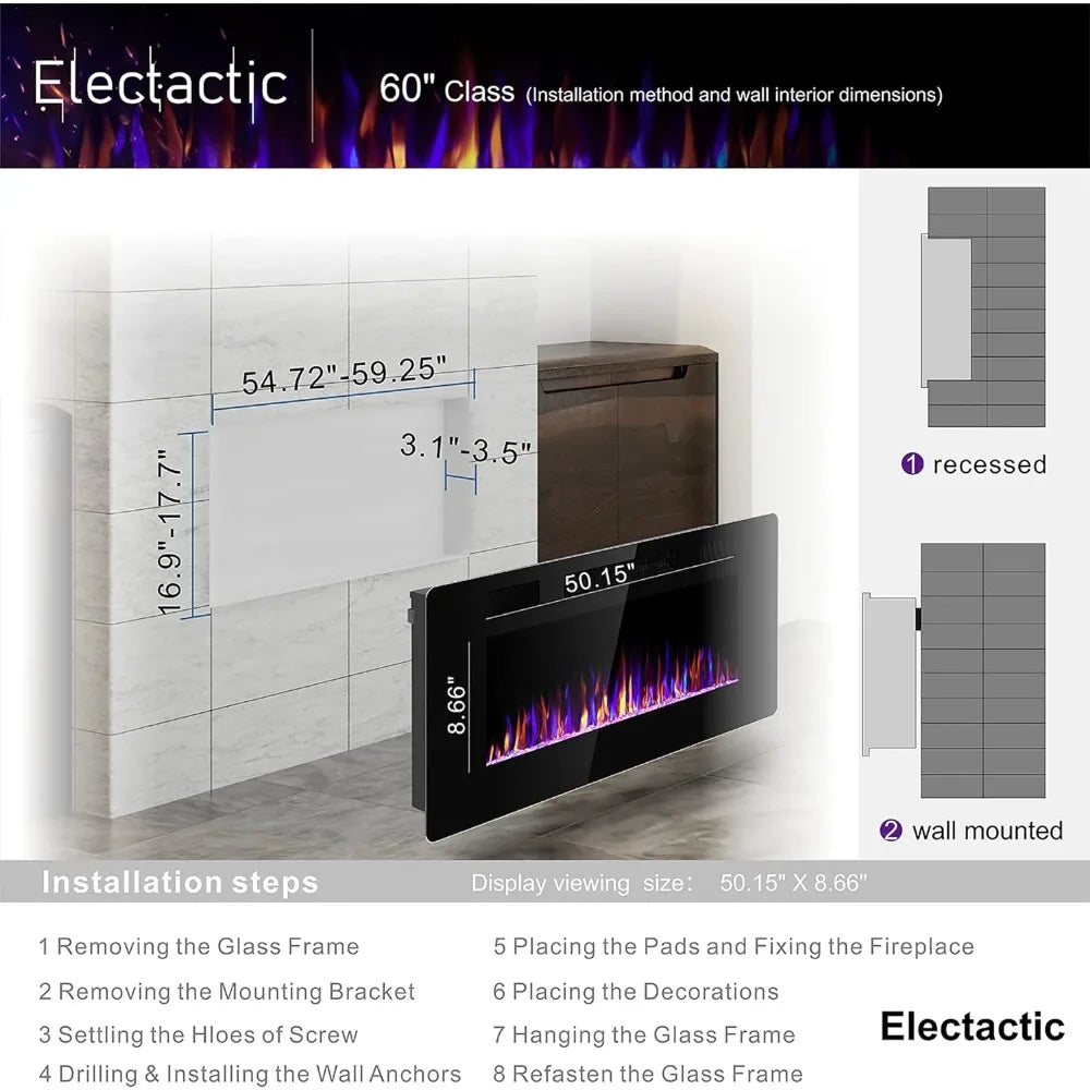 60 Inches Electric Fireplace Recessed and Wall Mounted