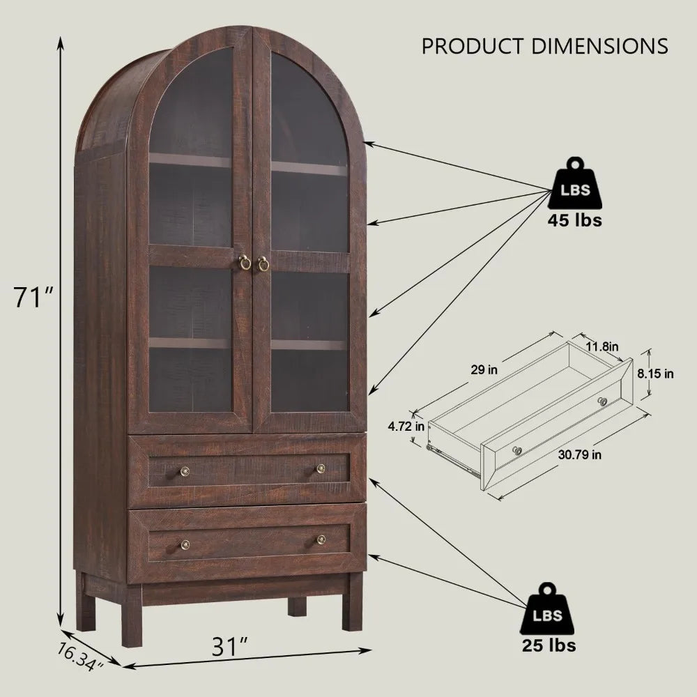 71" Tall Arched Bookshelf, 4-Tier Bookcase