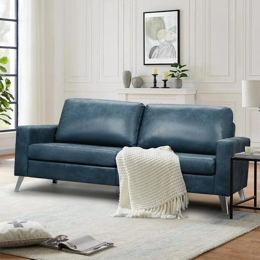 Faux Leather Couch 79" Wide, Mid Century Modern Couches for Living Room, Navy Blue Leather Sofa