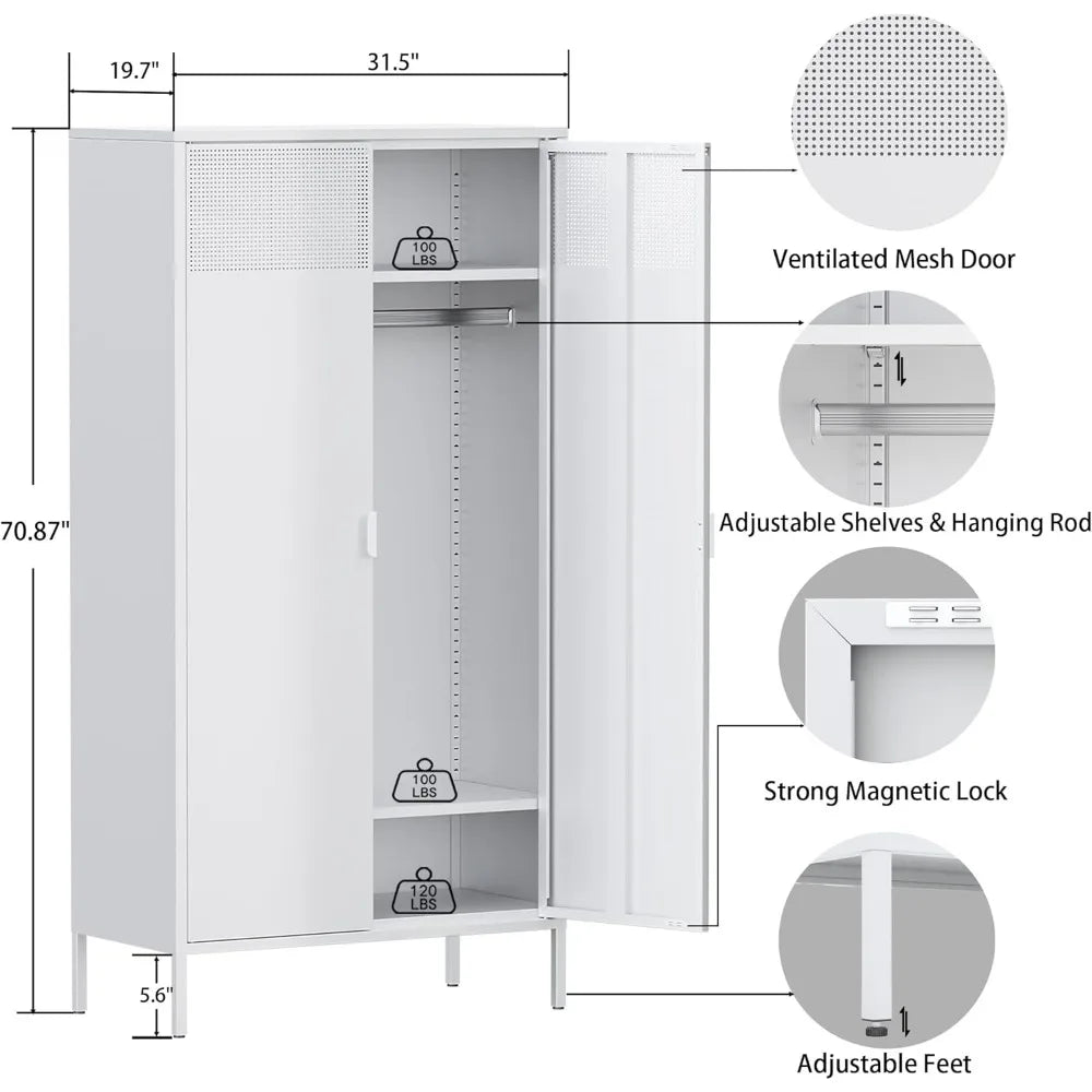 71- Inches  Metal Wardrobe Cabinet With Hanging Rod