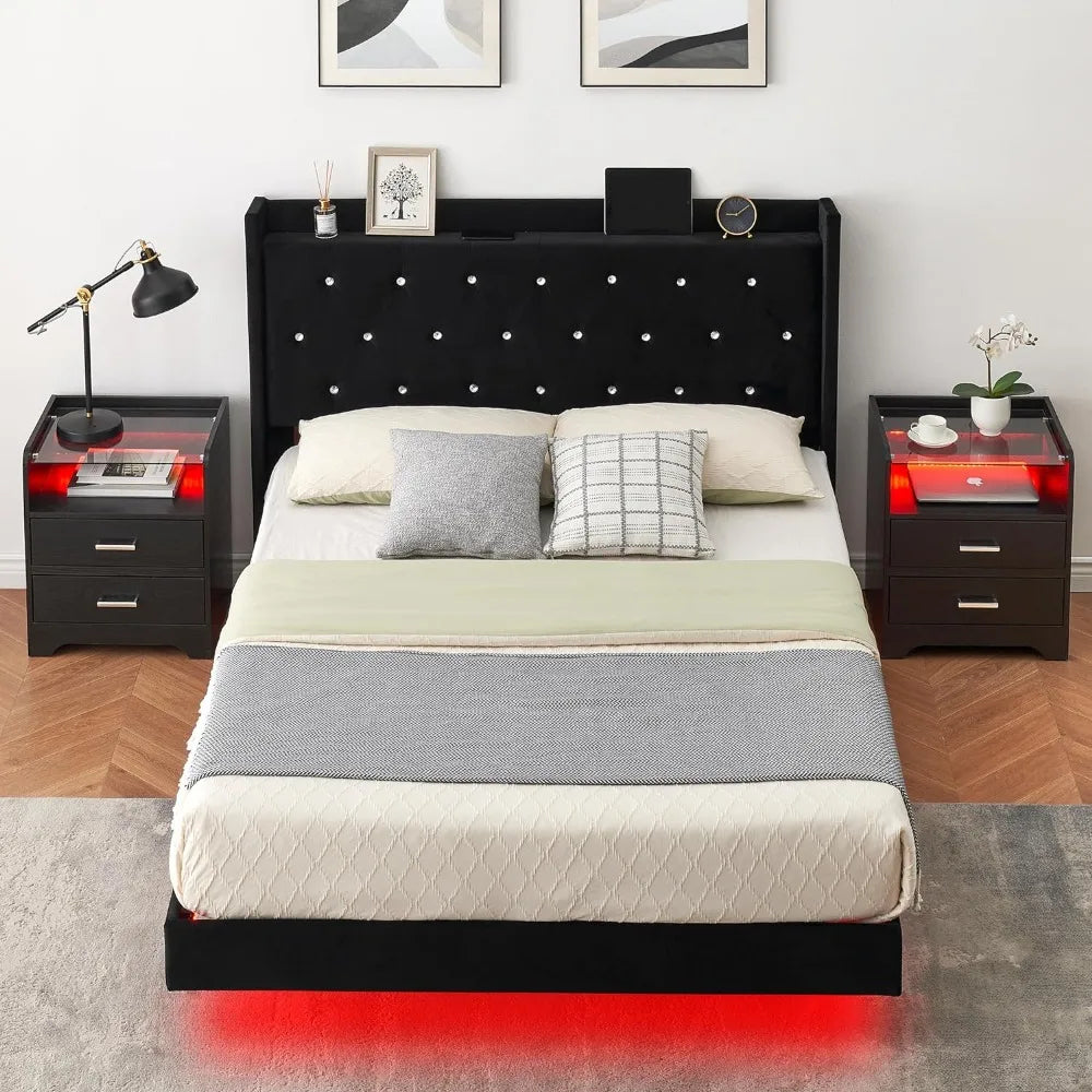 Black Nightstands Set of 2 LED Lights