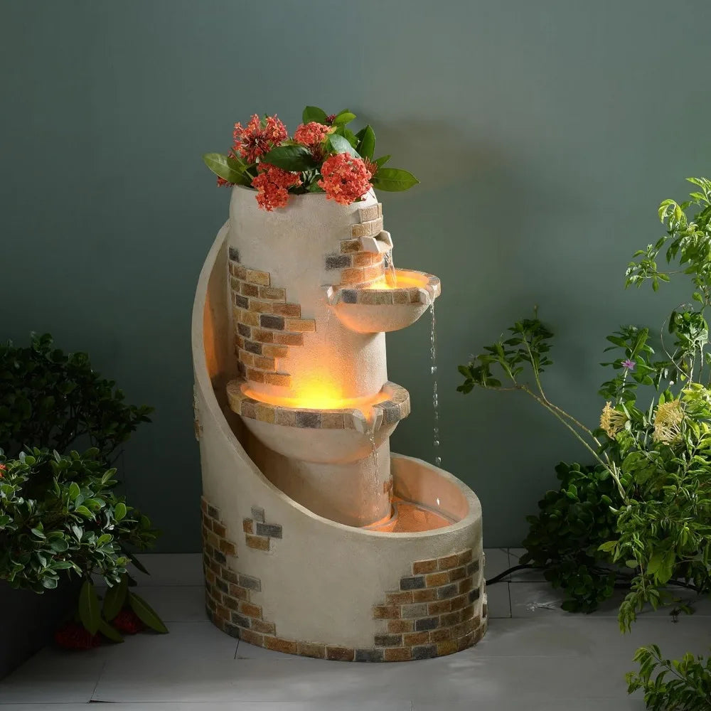 3-Tier Cascading Outdoor Water Fountains with Planter