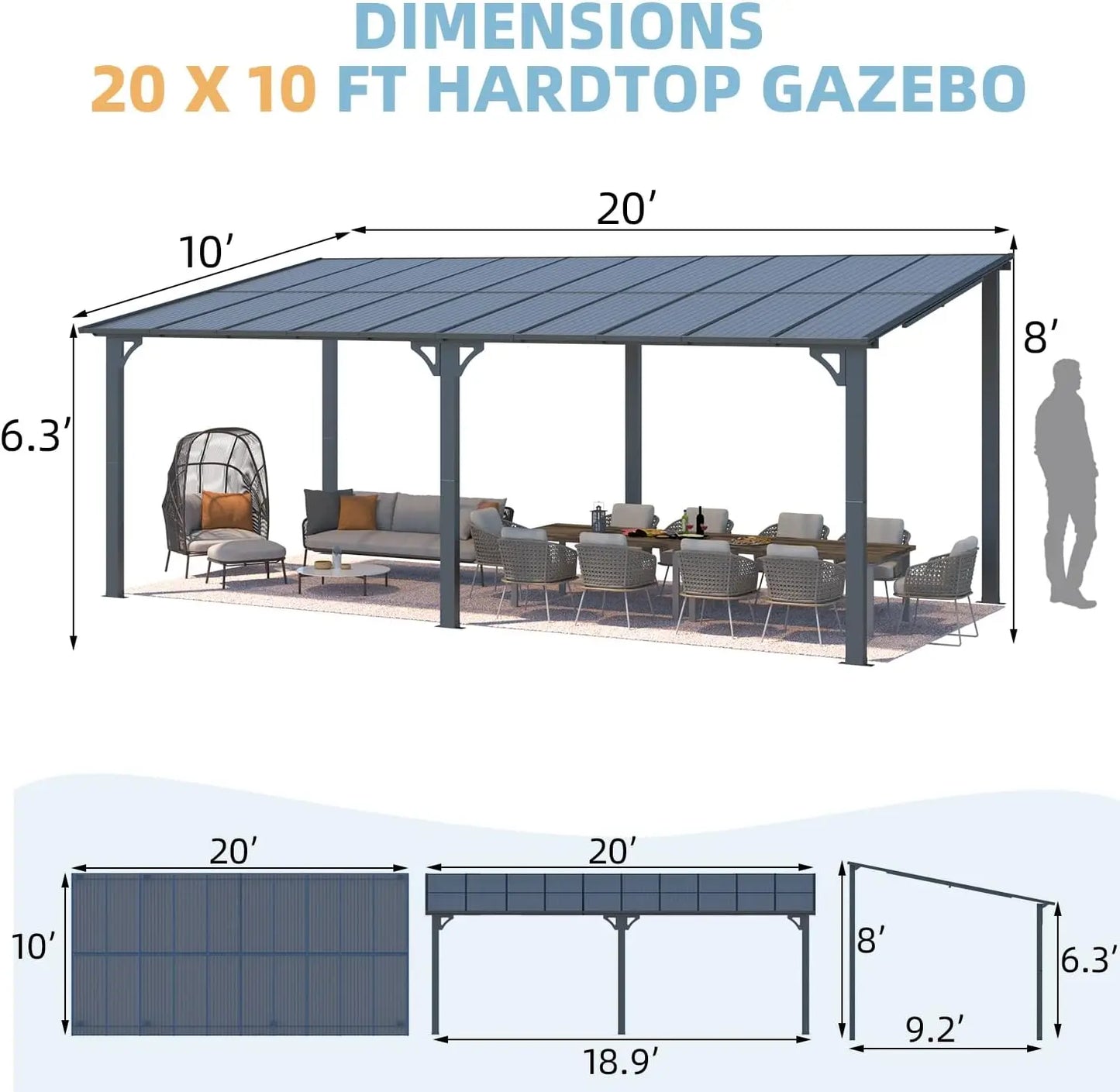 20' x 10' Outdoor Gazebo Large Wall Mounted Pergolas