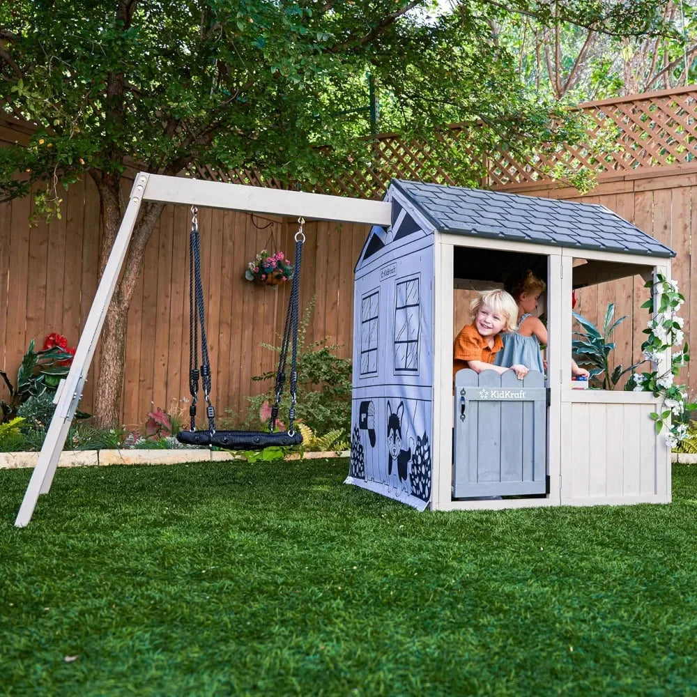 Outdoor Playhouse  with Swing, Kitchen, Garden, Backyard