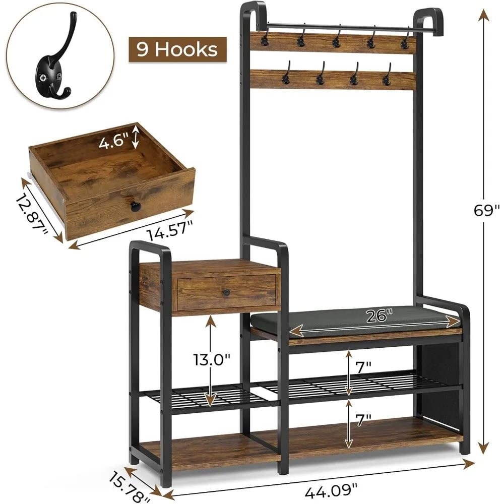 Entryway Bench, Coat  Shoe  Storage Drawer,  Cushion