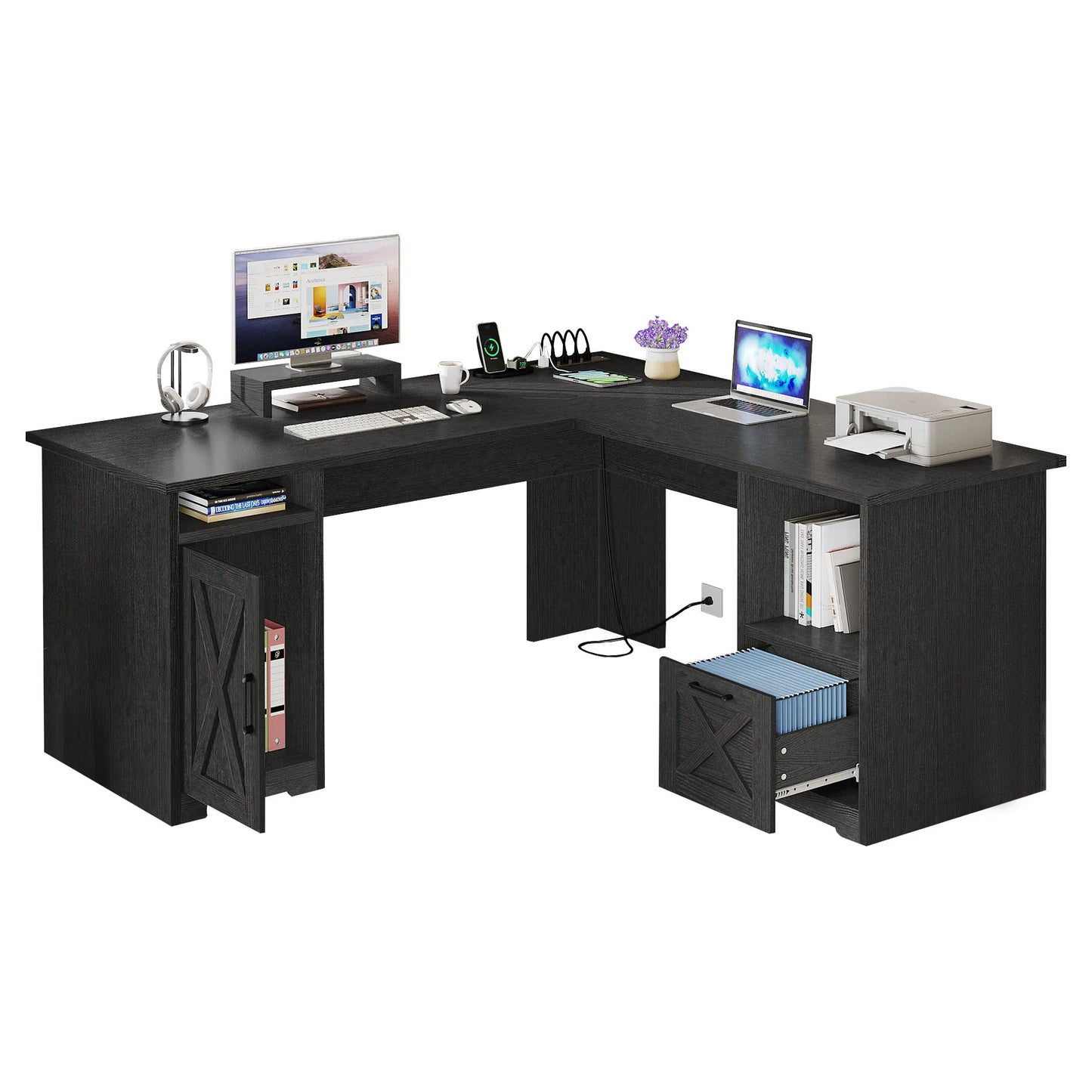 Executive Desk with File Cabinet, Outlets