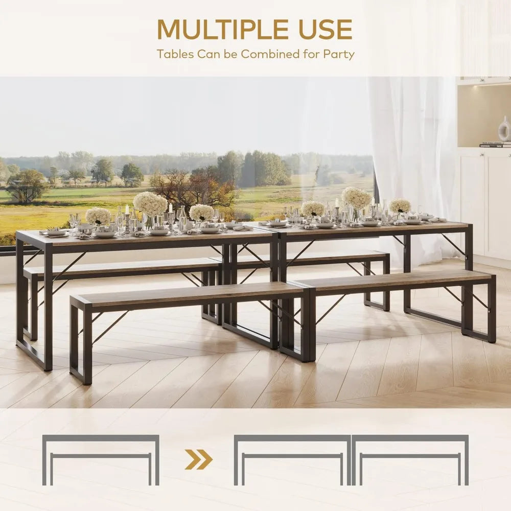 45.5" Dining Table Set for 4, Kitchen Table Set with 2 Benches, Dining Room Table Set with Metal Frame & MDF Board