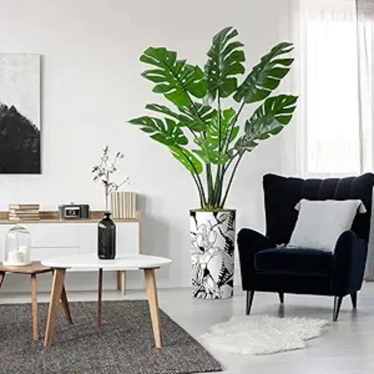 Flower Pattern Planter, Fake Monstera Silk Tree