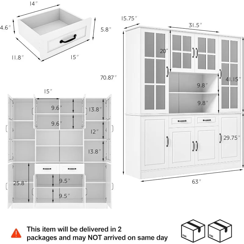 Kitchen Hutch Storage Cabinet with Glass Doors, Large China Hutch with 2 Drawers & 5 Adjustable Shelves, Kitchen Pantry Hutch