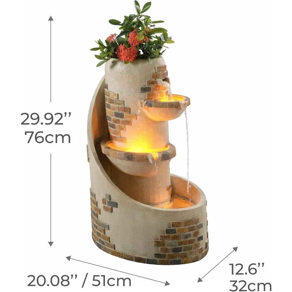 3-Tier Cascading Outdoor Water Fountains with Planter