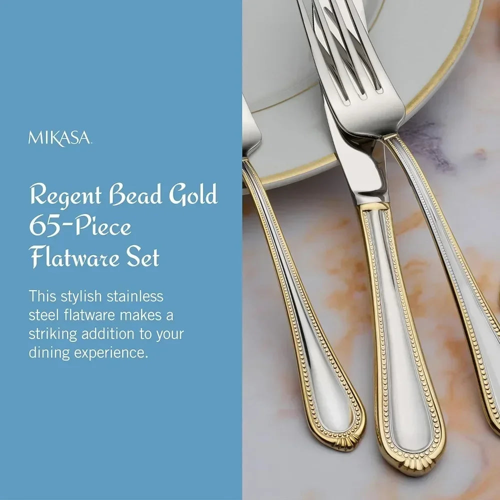 Gold 65-Piece Stainless Steel Flatware Set for 12