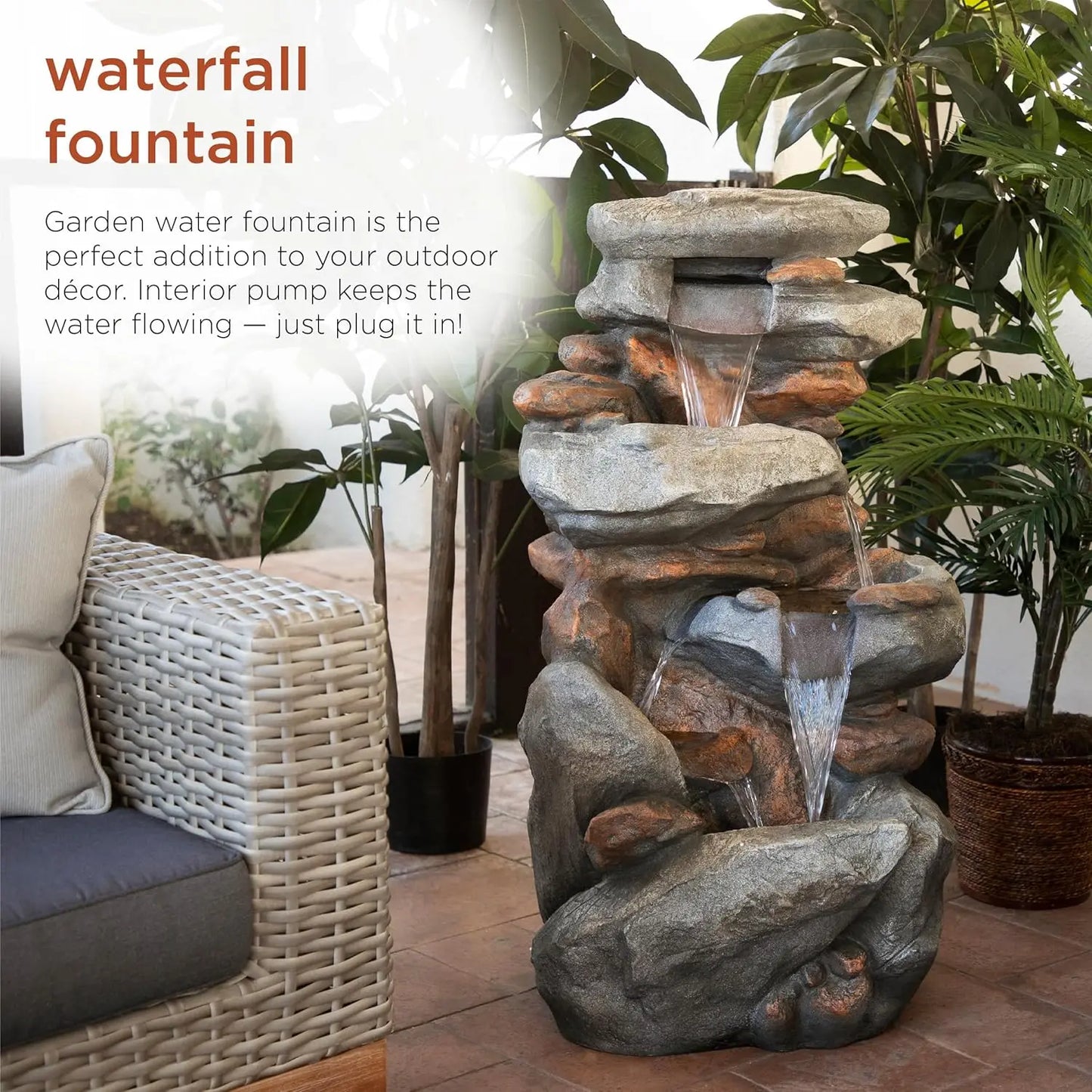 4-Tiered Outdoor Floor Rock Water Fountain for Garden or Patio with Natural Stone Look, Light Gray