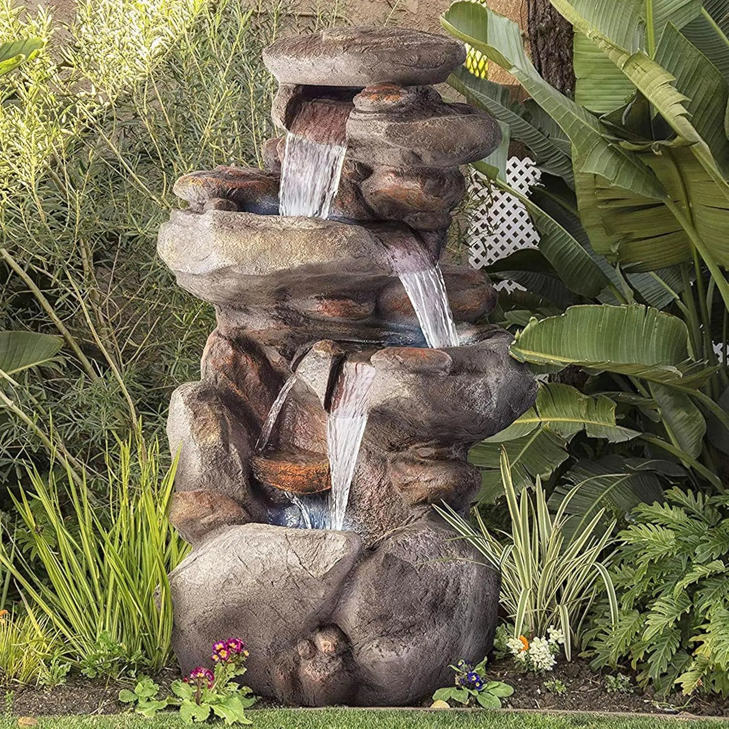 4-Tiered Outdoor Floor Rock Water Fountain for Garden or Patio with Natural Stone Look, Light Gray