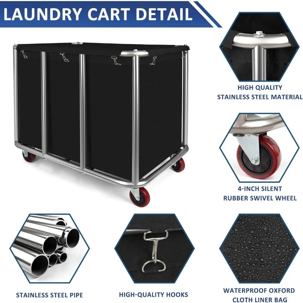 Industrial Laundry Cart 11.35 Bushel Capacity Stainless Steel Basket with Wheels. Commercial Linen Hamper Hotels Hospitals