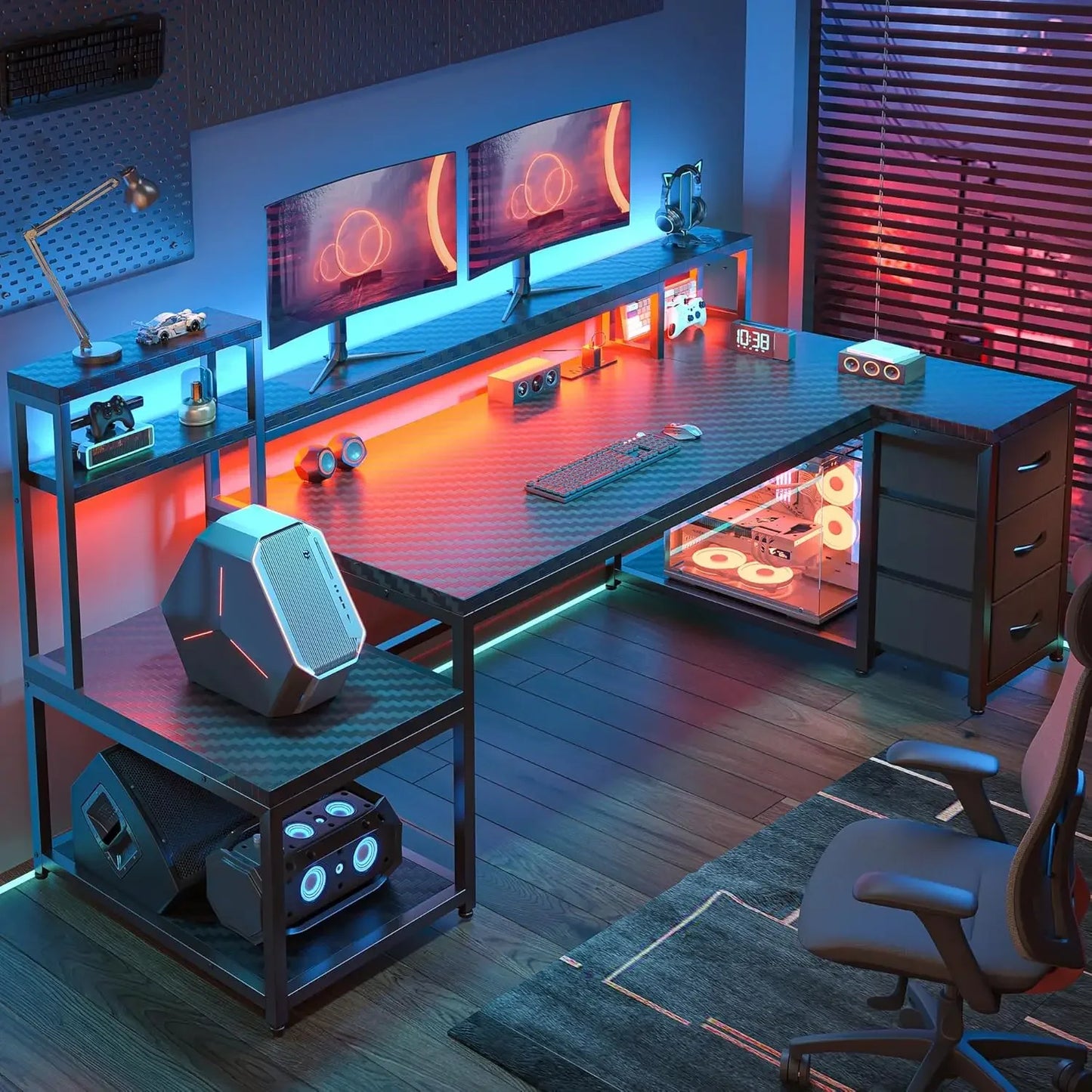 Reversible Gaming Desk with  Outlet & Lights