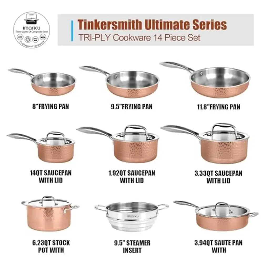 14PCS Stainless Steel Cookware Set Tri-Ply Hammered